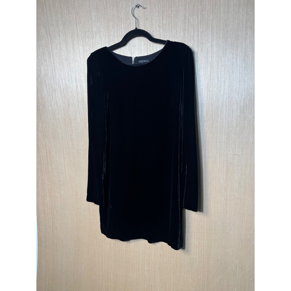 Theory Black Silk Velvet Long Sleeve Mini Dress Exposed Back Zip Size 12